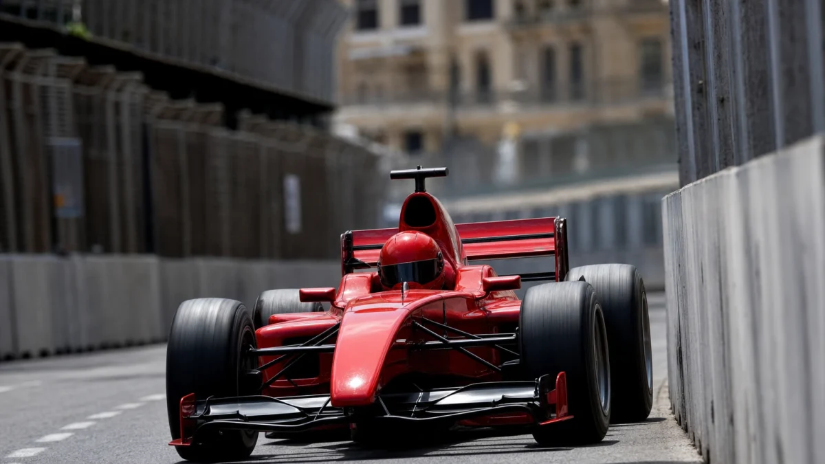 Röd formel 1-bil utan synliga sponsormärken på ett smalt gatlopp i starkt dagsljus.