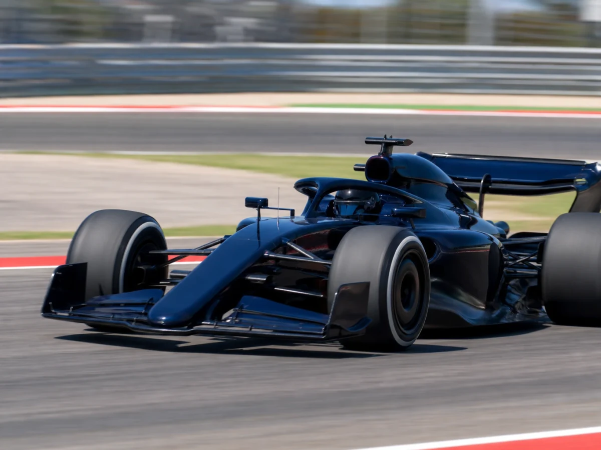 Mörkblå formel 1-bil utan synliga sponsormärken på väg genom en snabb kurva i dagsljus.