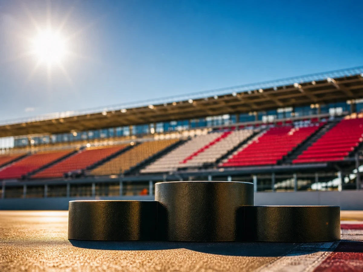 Prispallen på en formel 1-bana med tre tomma pallplatser och läktare i bakgrunden.