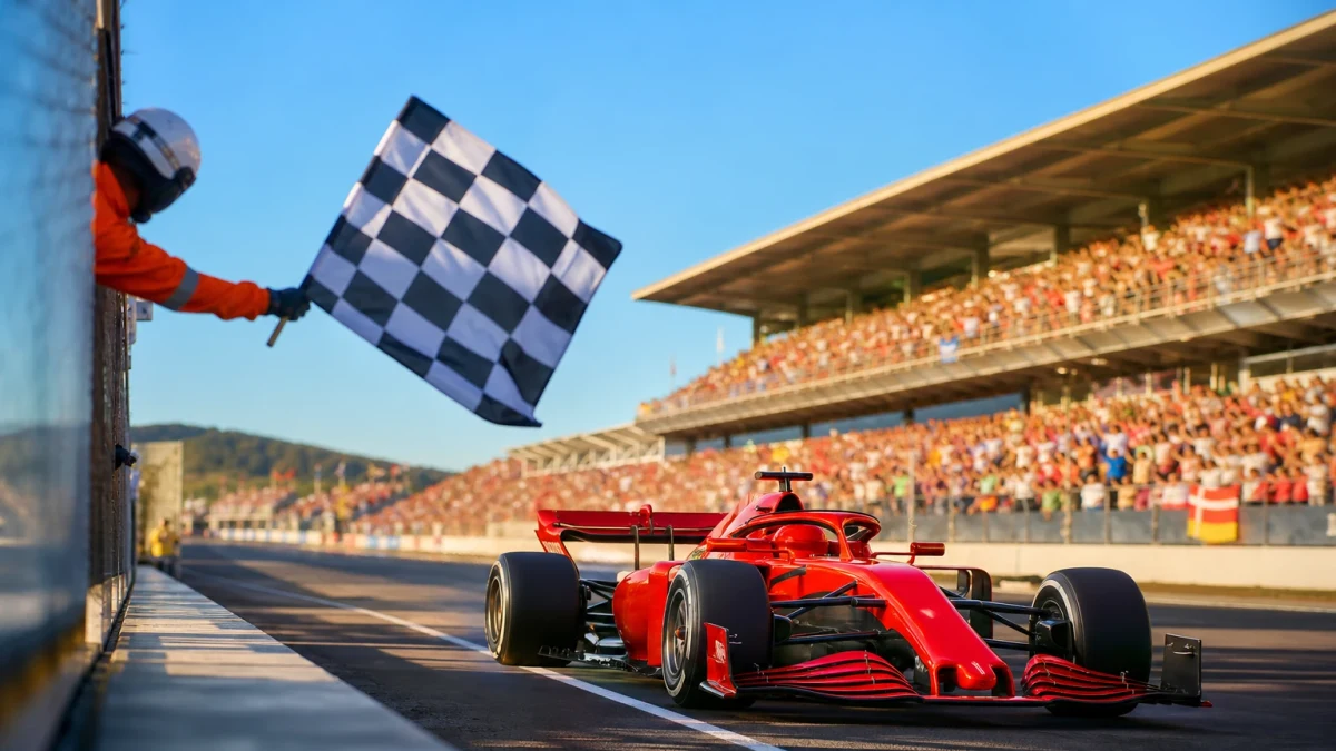 Röd formel 1-bil korsar mållinjen först framför fullsatta läktare på Circuit de Barcelona-Catalunya.