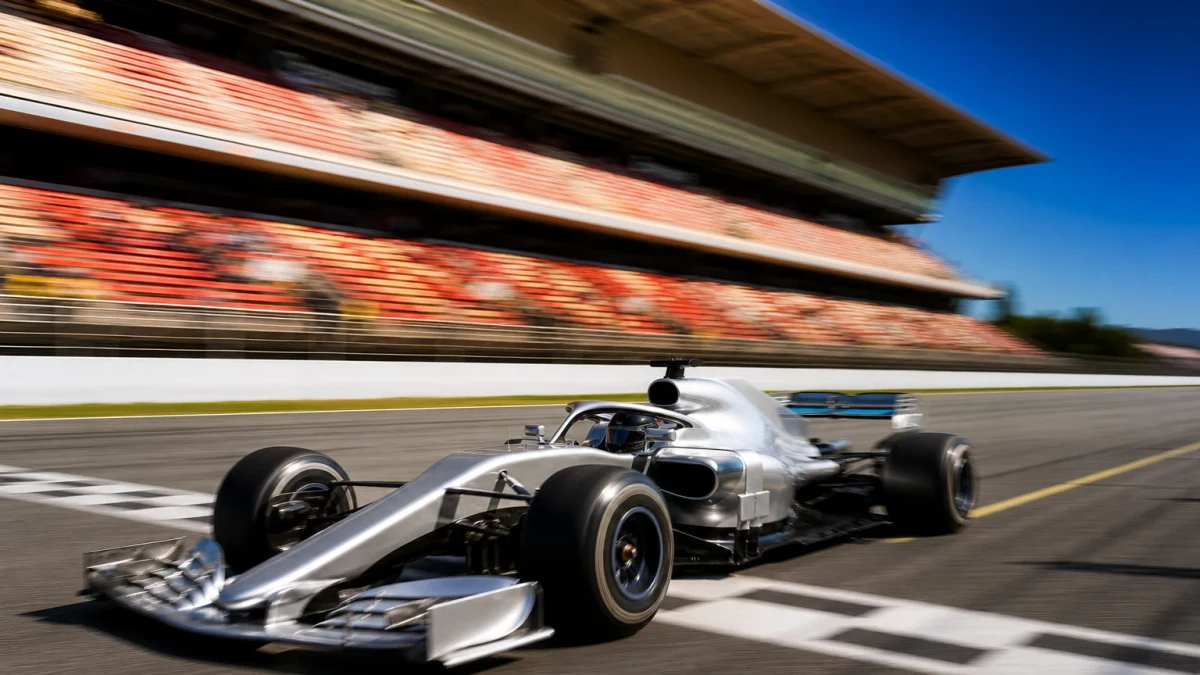 Formel 1-bil i silver som passerar mållinjen under kvalet på banan i Barcelona i kvällsljus.
