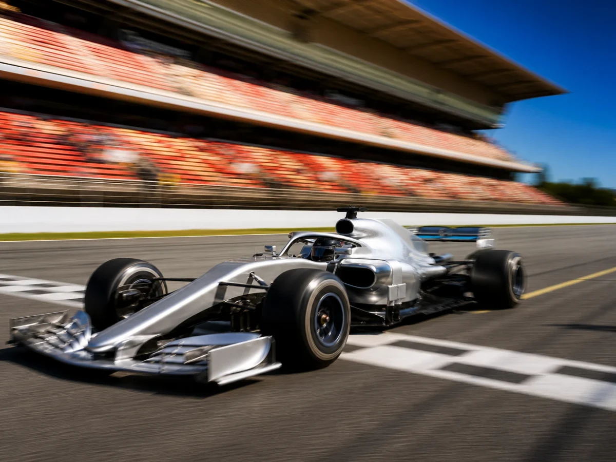 Formel 1-bil i silver som passerar mållinjen under kvalet på banan i Barcelona i kvällsljus.
