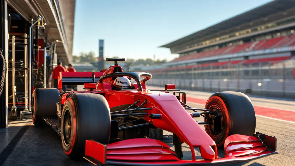 Röd formel 1-bil rullar ut ur depån under en morgonträning på en solig racerbana.