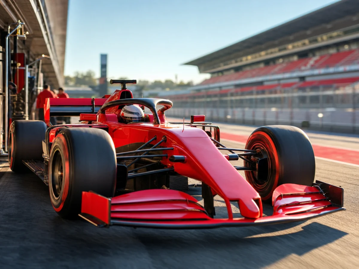 Röd formel 1-bil rullar ut ur depån under en morgonträning på en solig racerbana.