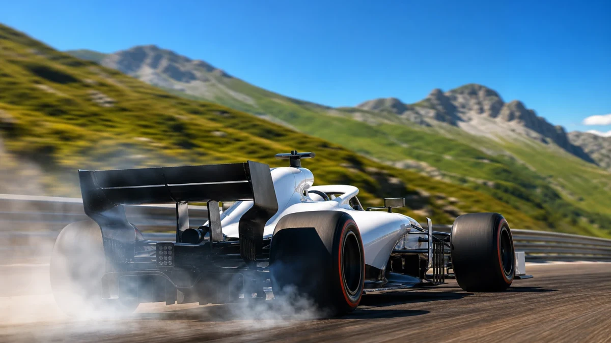 Vitlackerad formel 1-bil från ett amerikanskt nykomlingsstall på en solstekt bergsbana under en snabb kurva.