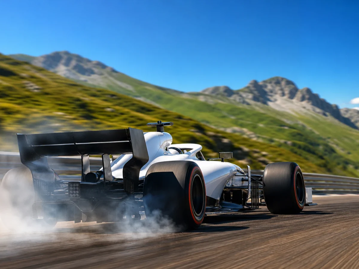 Vitlackerad formel 1-bil från ett amerikanskt nykomlingsstall på en solstekt bergsbana under en snabb kurva.