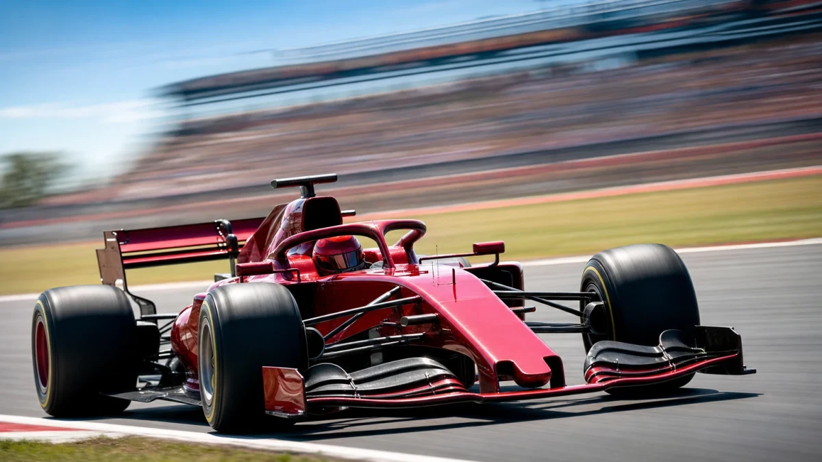 Röd formel 1-bil på väg ut ur en snabb kurva på Silverstone i eftermiddagsljus.