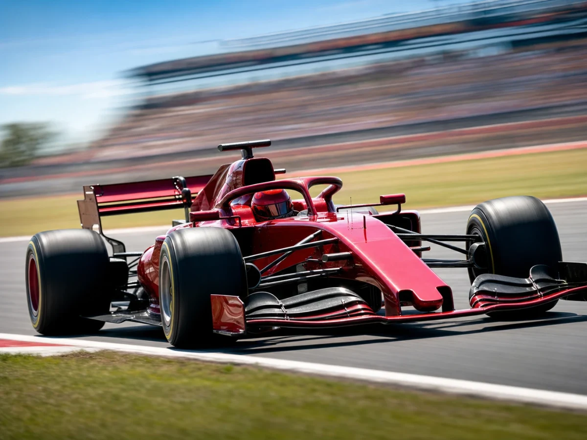 Röd formel 1-bil på väg ut ur en snabb kurva på Silverstone i eftermiddagsljus.