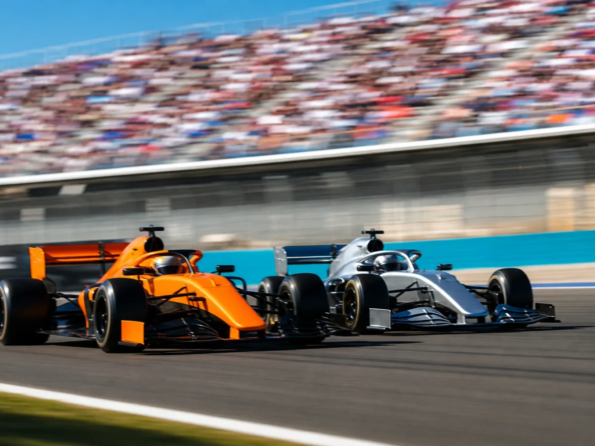 Två formel 1-bilar sida vid sida på en lång raksträcka i hög fart.