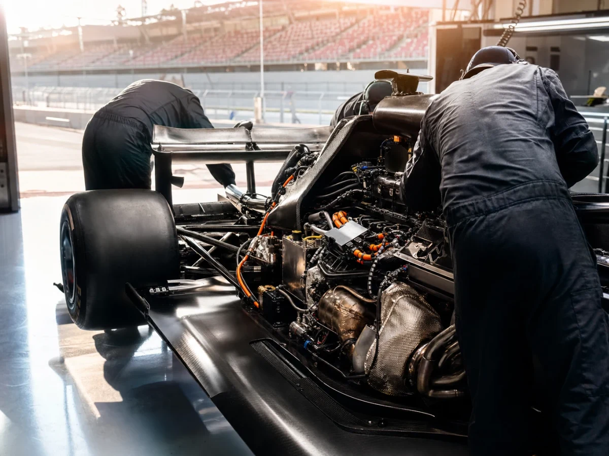 Formel 1-bil på en raksträcka med motorhuven öppnad i depån under en grand prix-helg.
