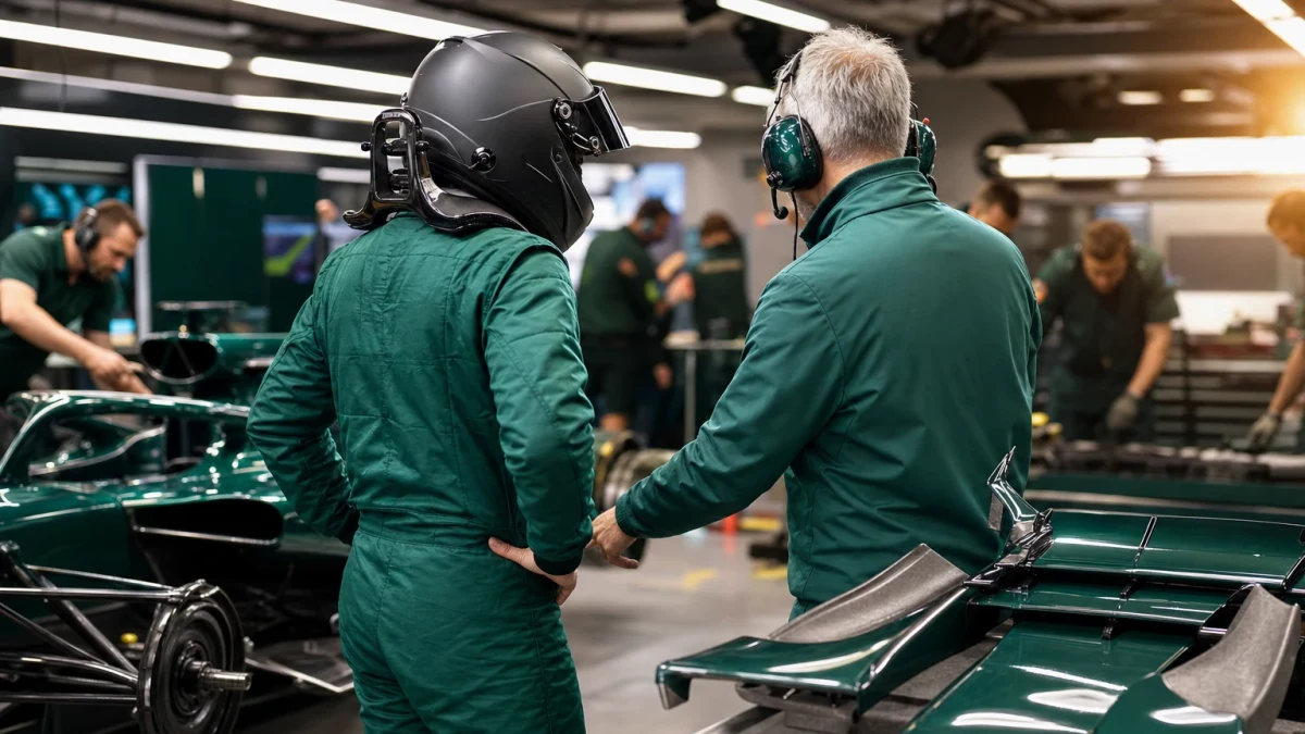 Förare och teknisk chef i samtal vid en mörkgrön formel 1-bil i depån inför en uppgradering.