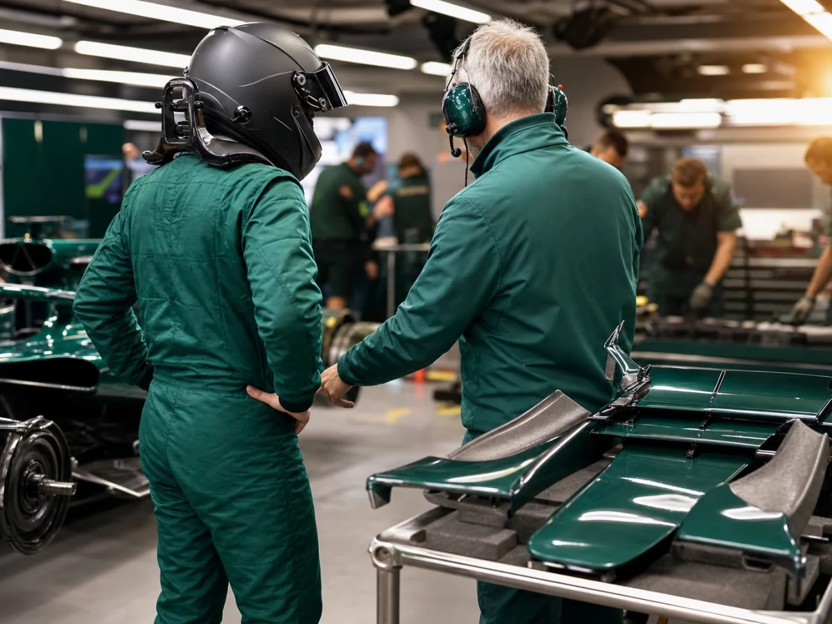 Förare och teknisk chef i samtal vid en mörkgrön formel 1-bil i depån inför en uppgradering.