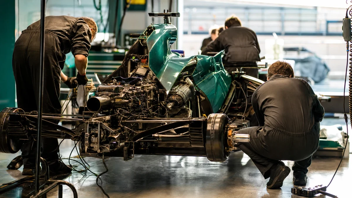 Grön formel 1-bil i depån medan mekaniker samlas runt bakvagnen.