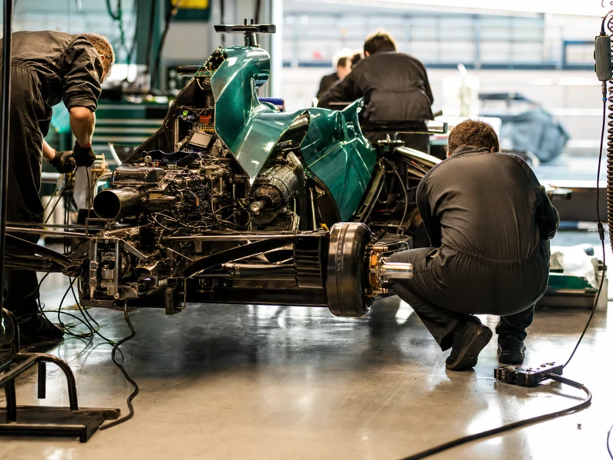 Grön formel 1-bil i depån medan mekaniker samlas runt bakvagnen.