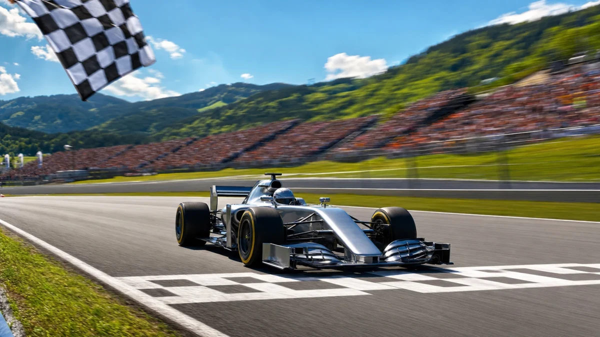 Silverfärgad formel 1-bil leder loppet över mållinjen på en bergig österrikisk racerbana i solljus.