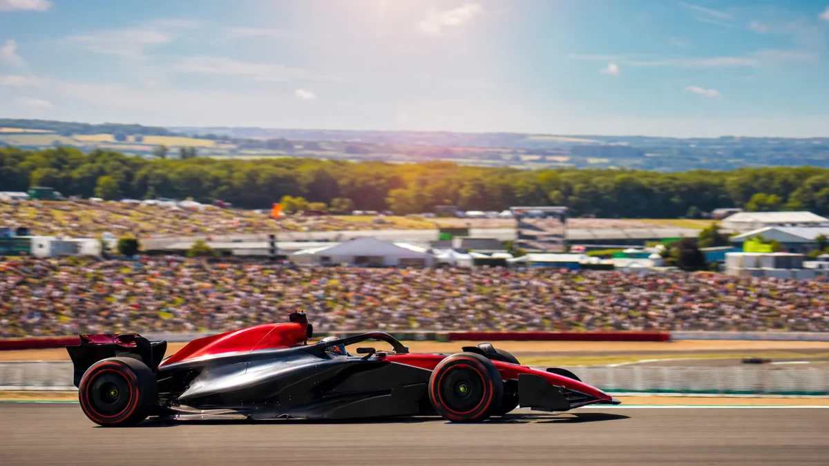 Fullsatta läktare vid en brittisk racerbana när en formel 1-bil passerar på raksträckan under grand prix-helgen.