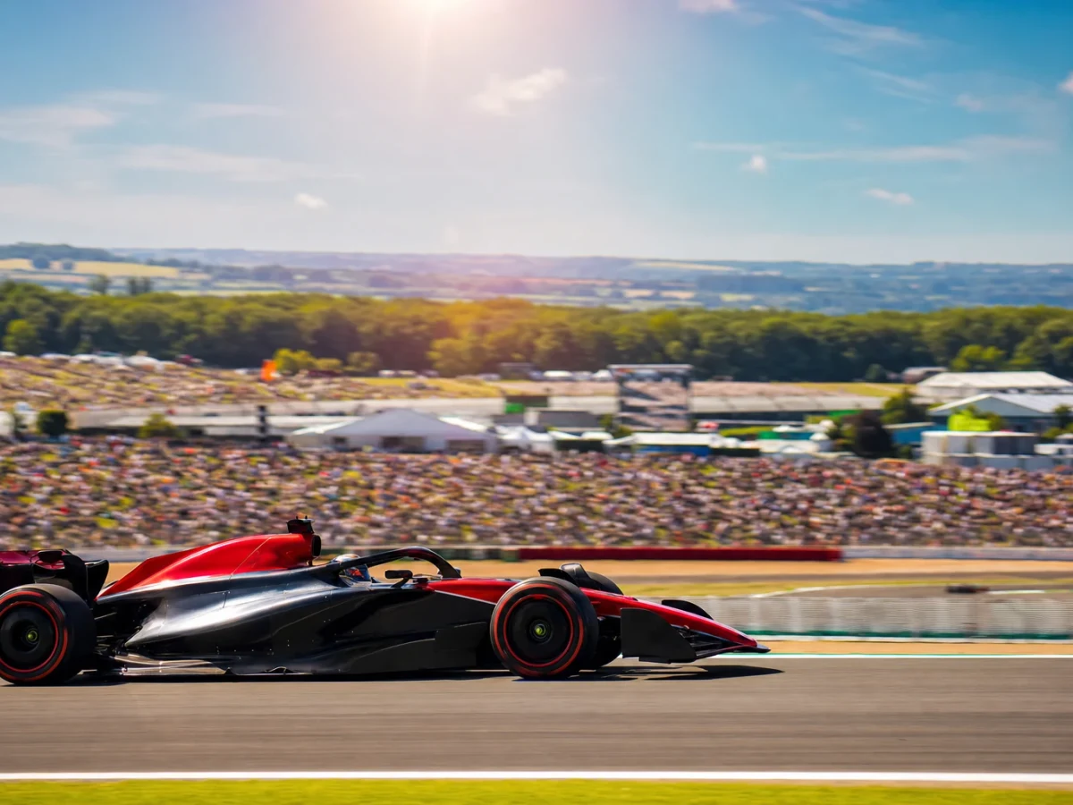 Fullsatta läktare vid en brittisk racerbana när en formel 1-bil passerar på raksträckan under grand prix-helgen.