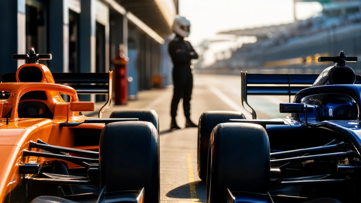 Två formel 1-bilar i olika stallfärger sida vid sida i pitgatan under en grand prix-helg.