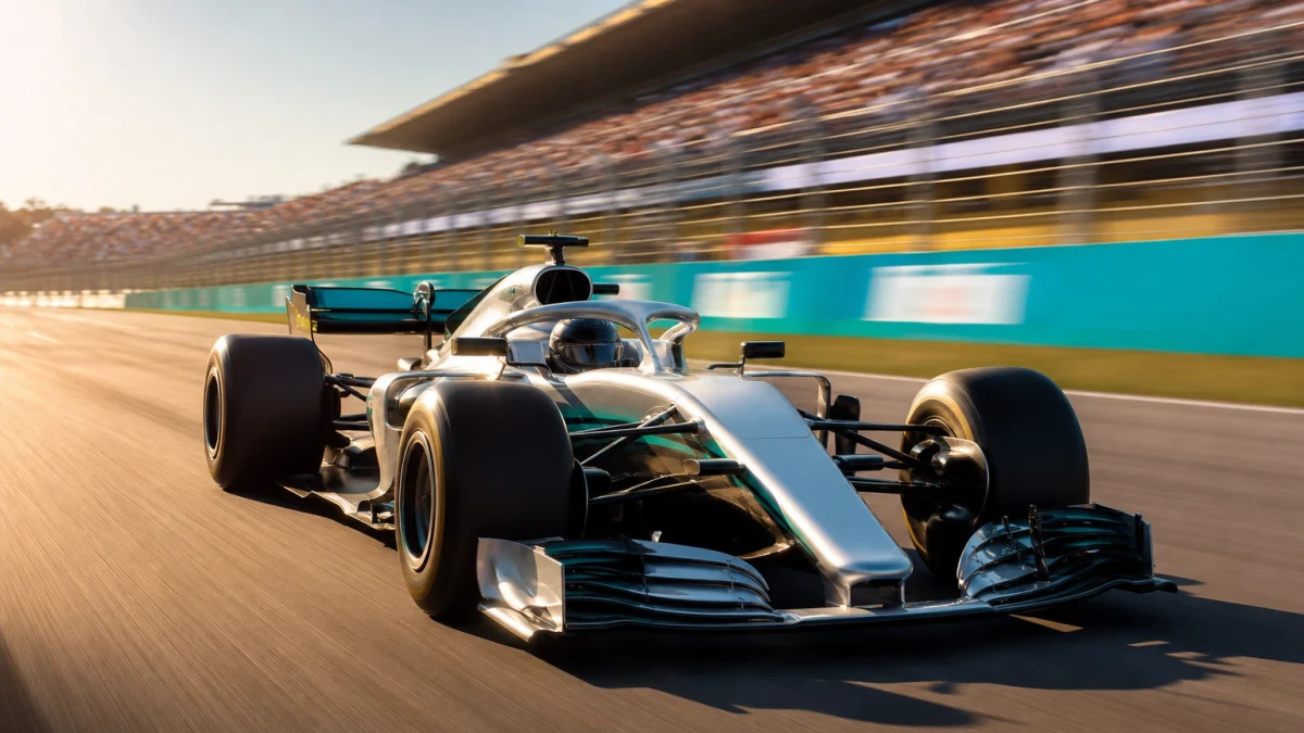 Formel 1-bil i silverfärgad design i ledning på en solig bana under en tävlingshelg.