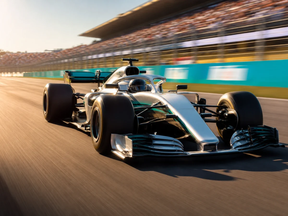 Formel 1-bil i silverfärgad design i ledning på en solig bana under en tävlingshelg.