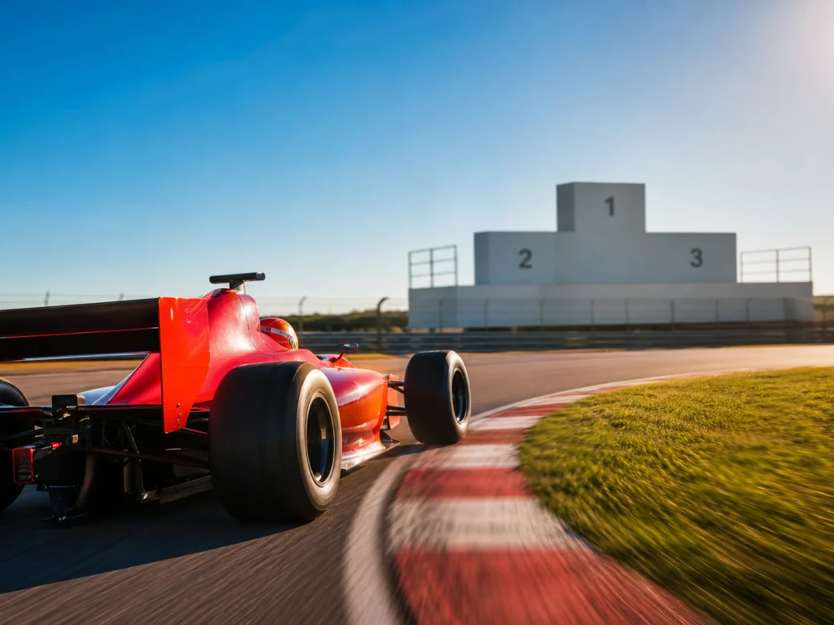 Röd formel 1-bil i klassisk stil på en bana med tomma pallplatser i bakgrunden.